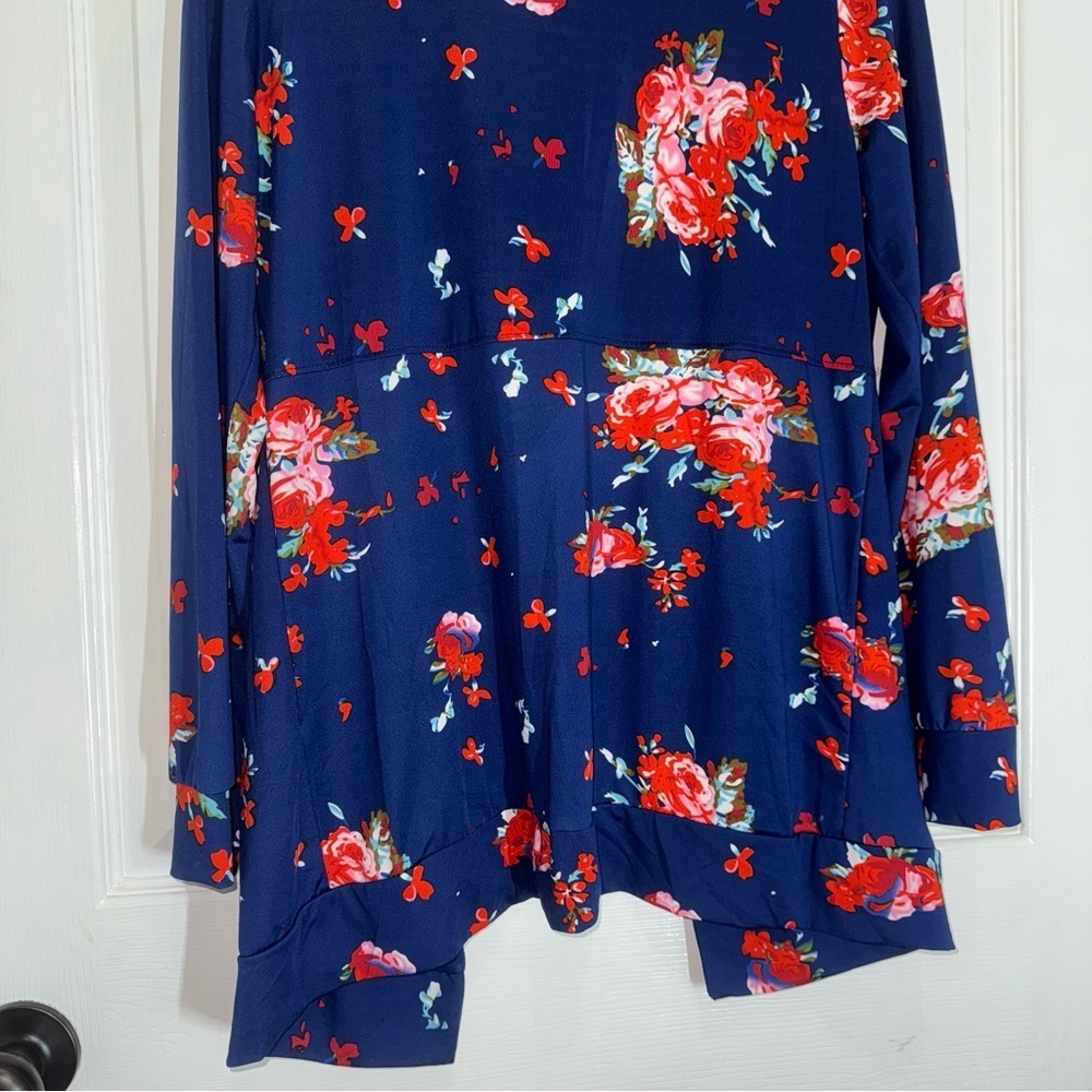 Navy Blue Floral Open Front Long Sleeve Cardigan - Picture 9 of 14